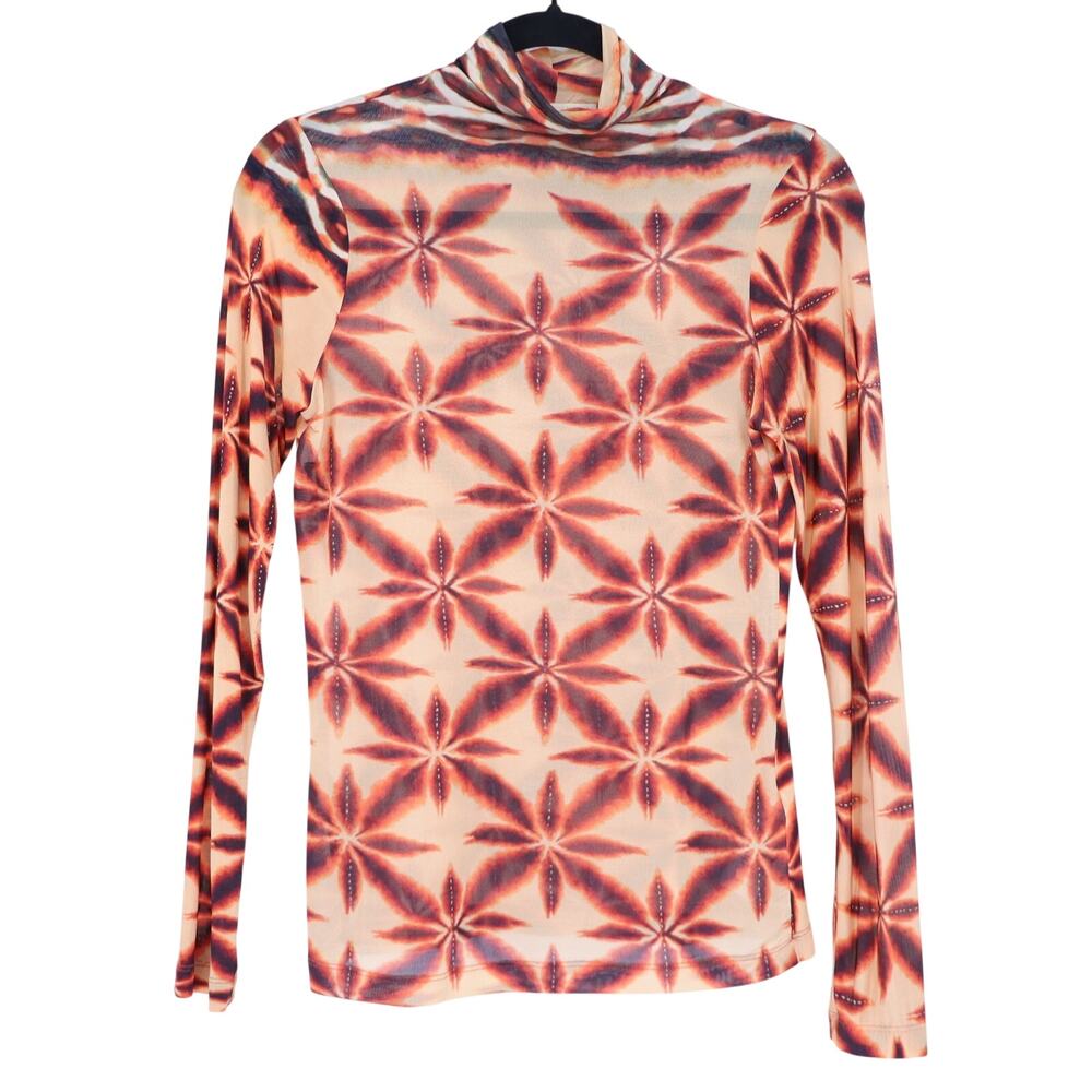ULLA JOHNSON Aurelia Turtleneck Mesh Top Orange Floral Long Sleeve Women's S